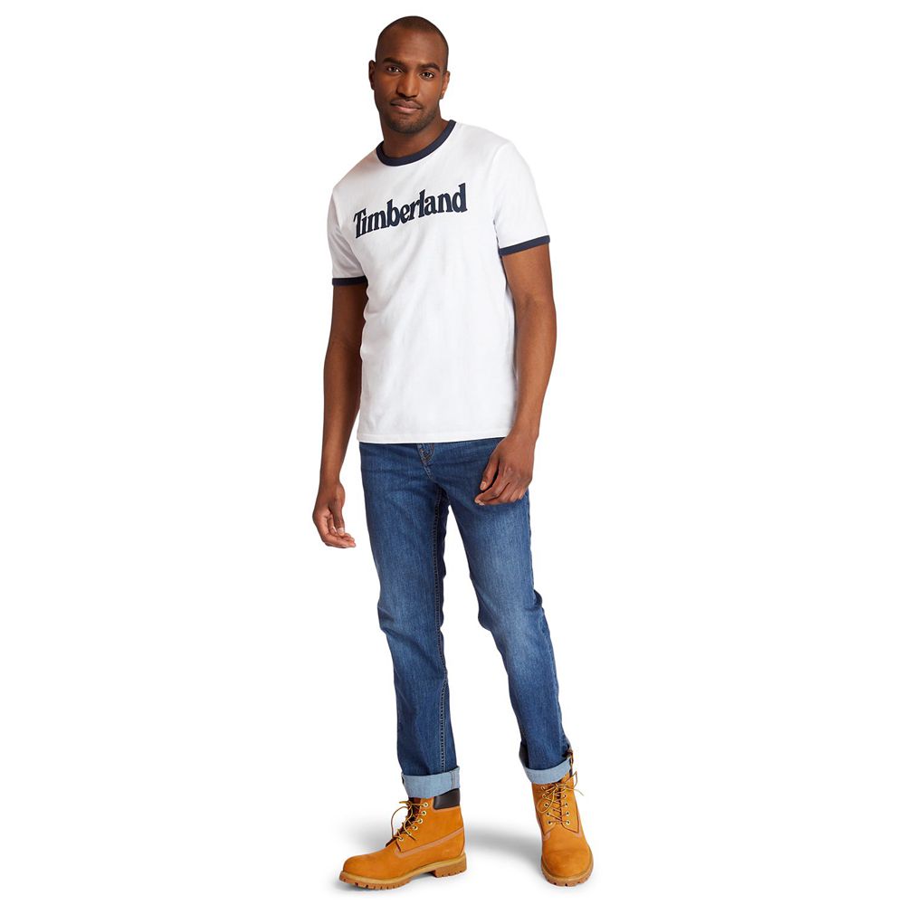 Timberland Mens T-Shirts TBL® Linear Logo Ringer - White - India XV1957320